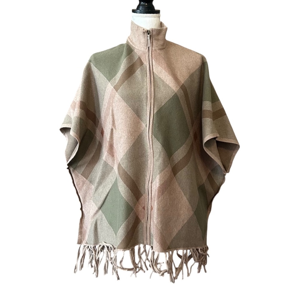 Rachel Zoe Plaid Full Zippered Cape with Fringe Women’s Small Medium Tan Green